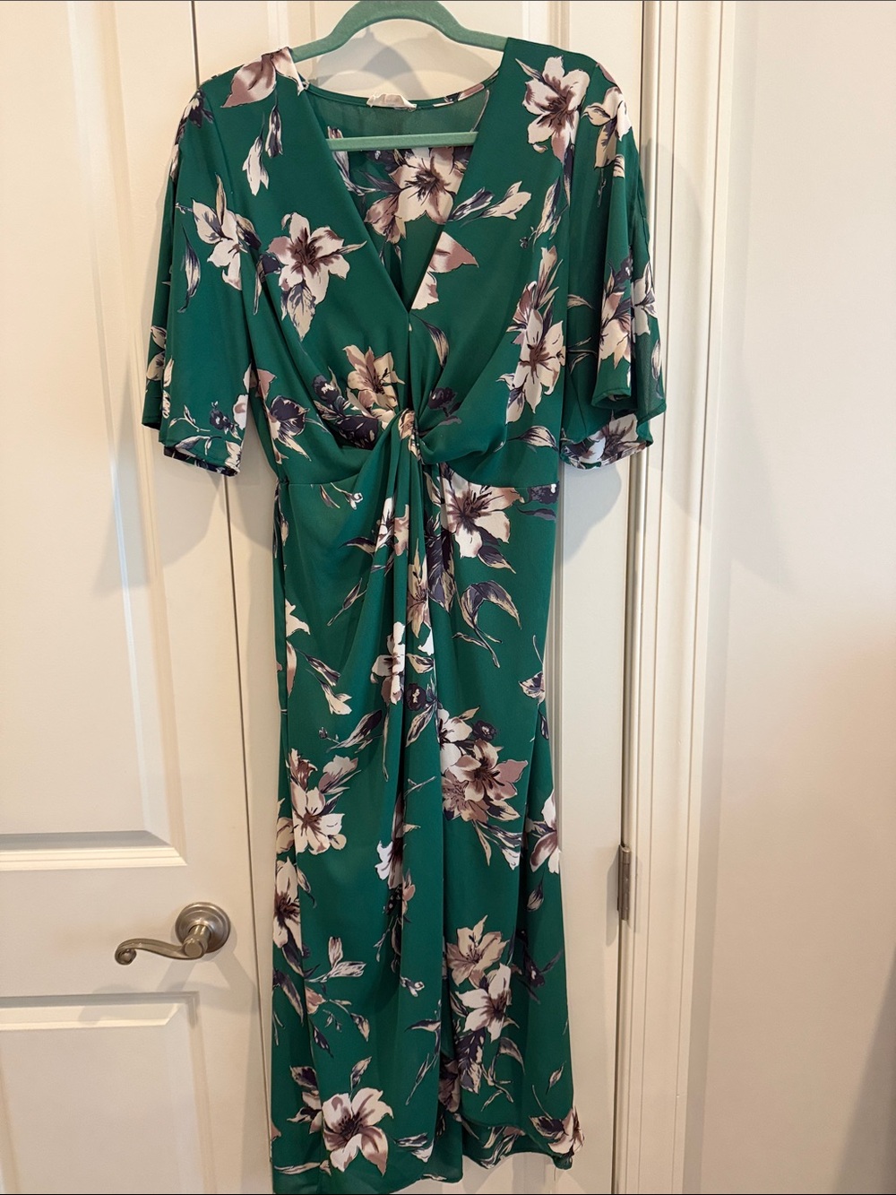 Green Floral Twist-Front Midi Dress